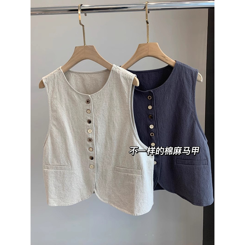 子末青合~高级感法式马甲背心女短款休闲棉亚麻马夹坎肩外套上衣|undefined