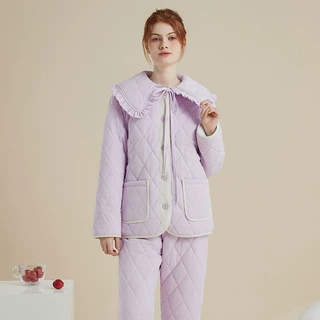 紫色三层夹棉家居服女冬季加厚保暖可爱减龄大翻领可外穿睡衣套装
