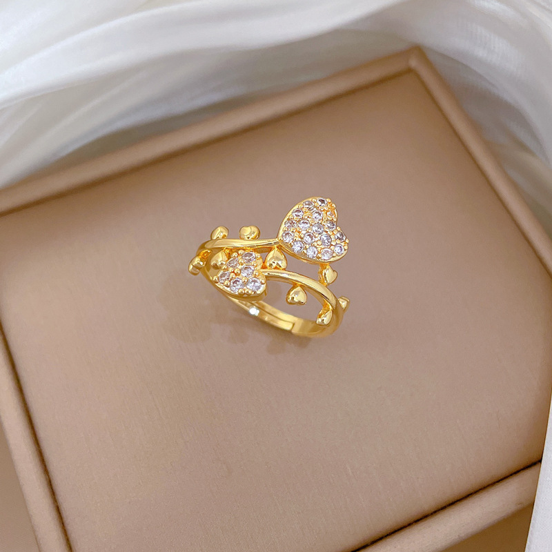 Full Diamond Heart Zirconia Adjustable Ring In Real Gold Style_voghion.com