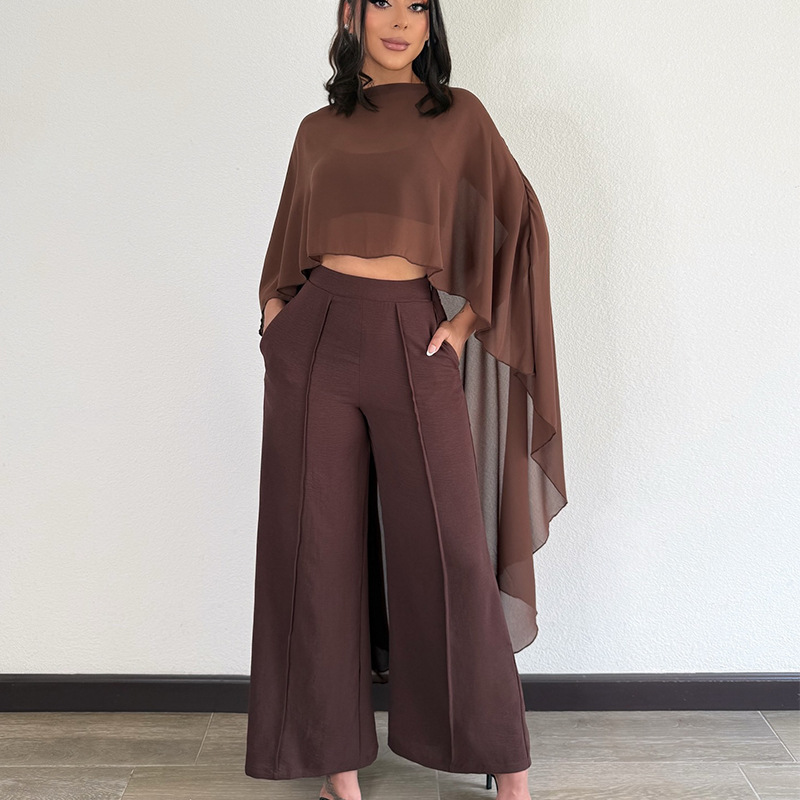 2026 Spring/Summer New Cross-Border Style: Elegant and Sophisticated Flowing Cape-Style Short Top with High-Waisted Wide-Leg Pants Set