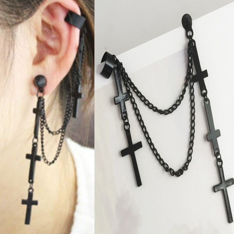 European and American Jewelry earrings ear clip fashion personality punk double cross tassel chain ear clip female