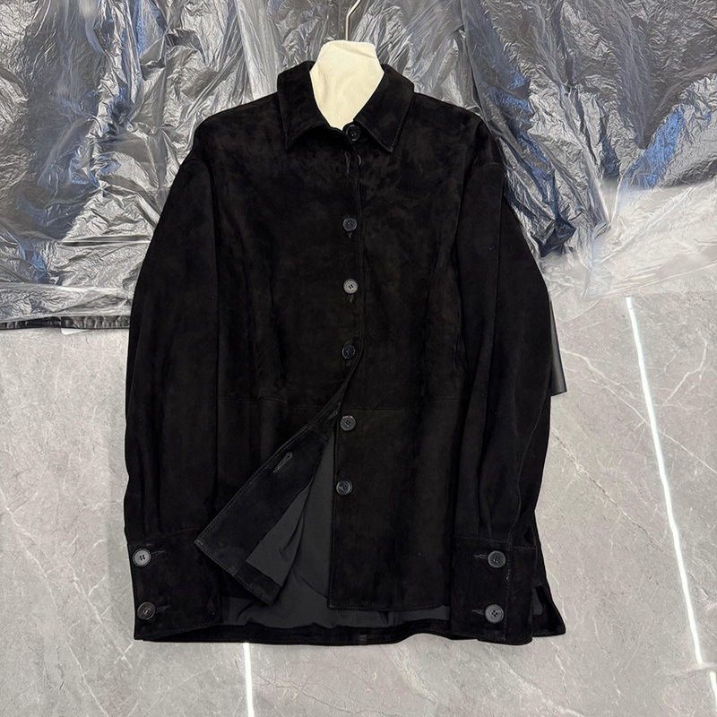 Genuine goat leather 2026 suede top layer American-style black leather jacket, mid-length, old money style, simple, for women