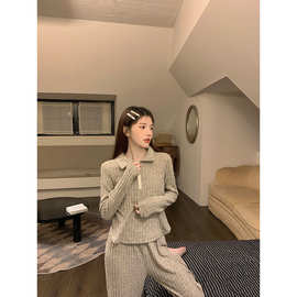 羊坑绒260克睡衣女秋季长袖翻领半节拉链大码宽松家居服套装