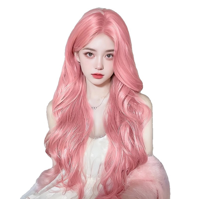 Peruca rosa de cabello largo de mujer cubierta de cabello largo de la red ocho caracteres Liuhe Lolita ondulado largo cabello rizado simulación cubierta de cabello