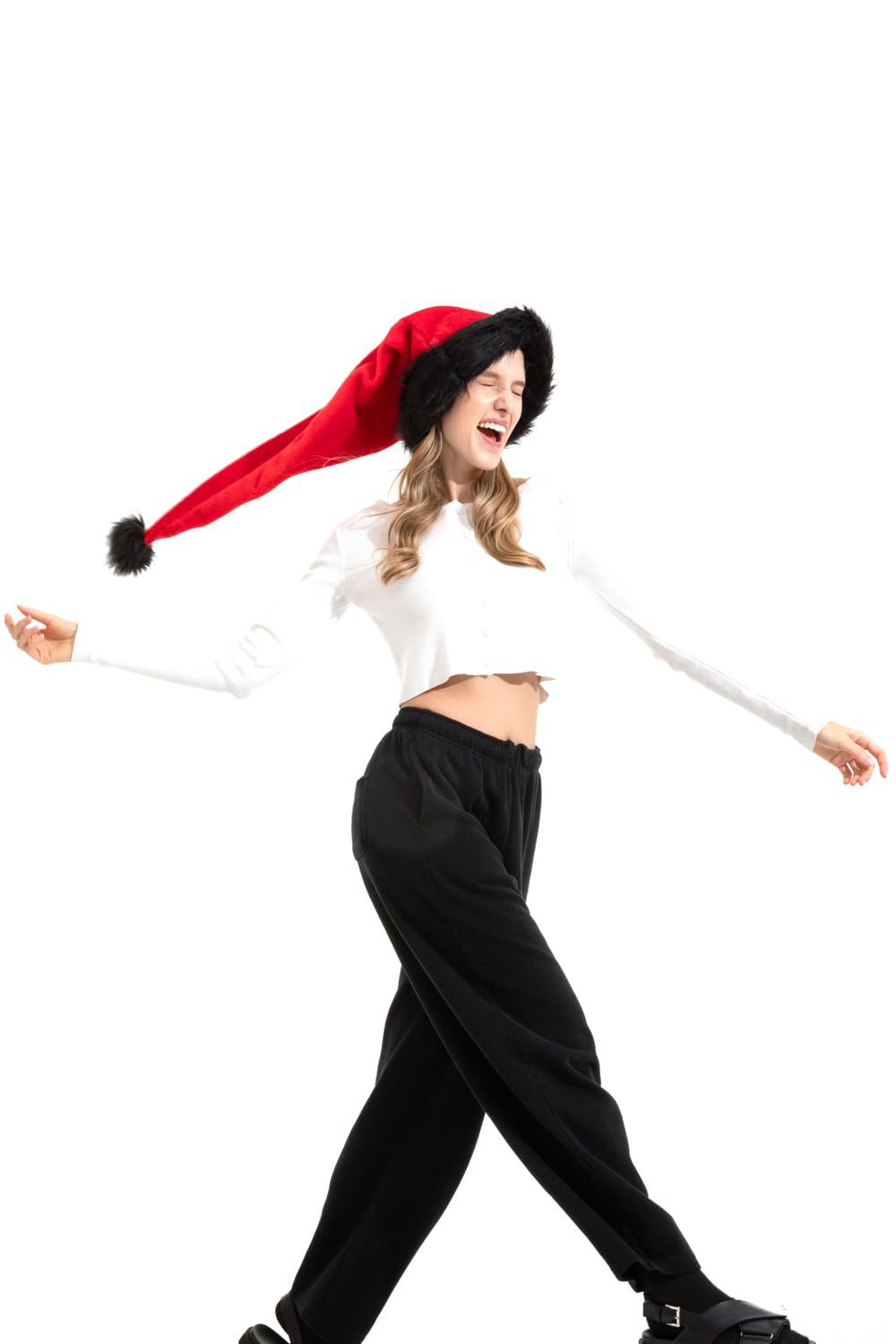 Christmas Long hair Santa hat Red black hat thick adult fluffy hat atmosphere props ornaments_voghion.com