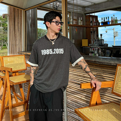 OXFREAK 「コントラストレタープリント」ウォッシュド2色半袖Tシャツ メンズ アメリカンレトロ ルーズラウンドネック 半袖