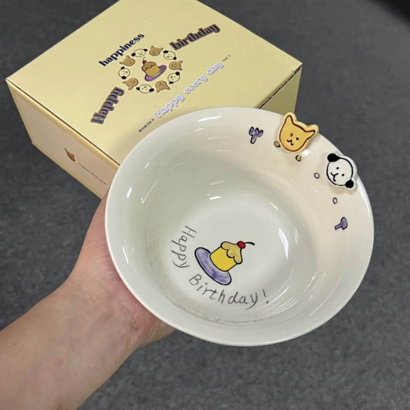 韓国ボタン子犬漫画セラミック家庭用丼フルーツボウル朝食ボウルペットボウル手描き釉下色ディープ LL|undefined