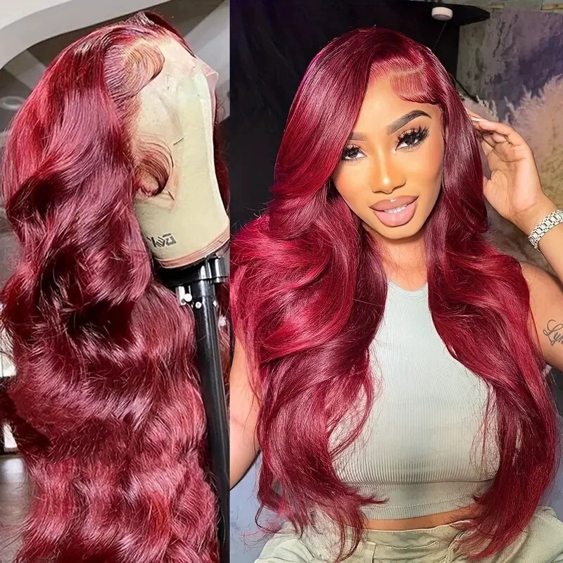 Cross-Border Popular Burgundy Women's Medium-Parted Mesh Long Curly Wig High-Temperature Silk Chemical Fiber Synthetic Wavy Wig