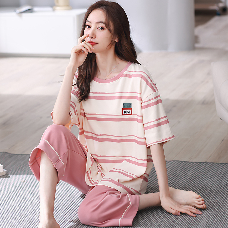 南极人睡衣女秋精梳棉女士圆领短袖套头休闲七分裤家居服套装夏季