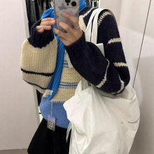现韩国东大门na*e手工编织撞色毛衣韩系女装蓝白条纹厚实羊毛套头