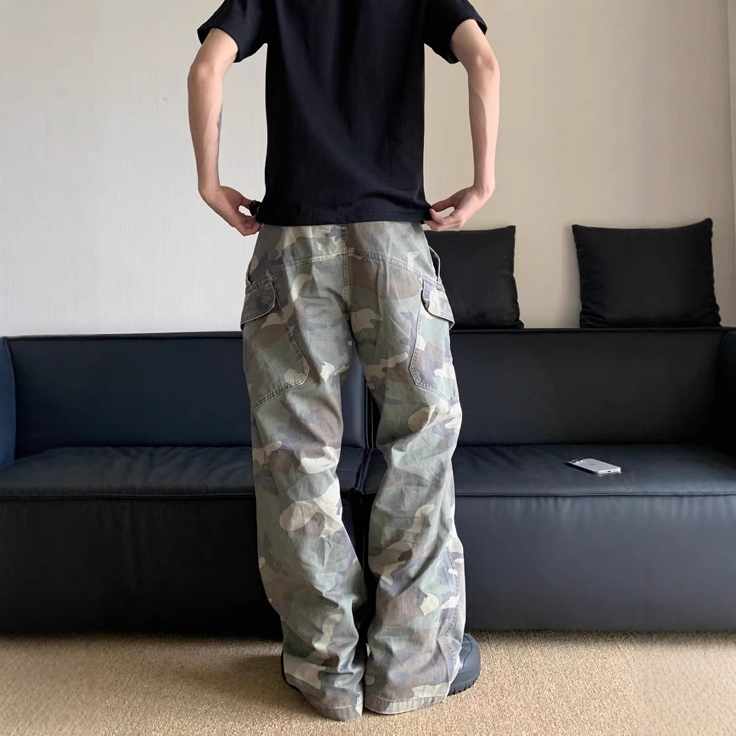 American Camouflage Caught Pants Men's Slim-Fit Straight Hipop Jeans High Street Multi-Pocket Vibe Micro-flared Trousers