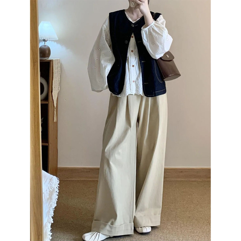 早秋一整套穿搭韩版复古牛仔开衫马甲女+白衬衫+宽松垂直阔腿长裤|undefined