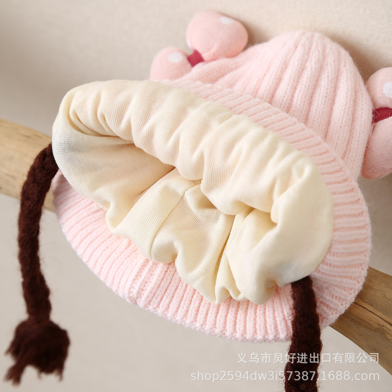 婴儿护耳帽秋冬韩版蝴蝶结小辫子假发帽女童保暖毛线帽针织防风帽|undefined