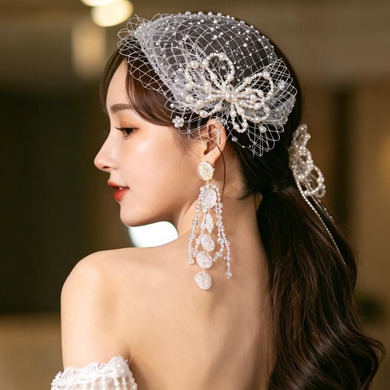 Korean-style faux pearl flower fashion hairnet headpiece bridal wedding accessory fairy-like earrings mesh set wedding accessories