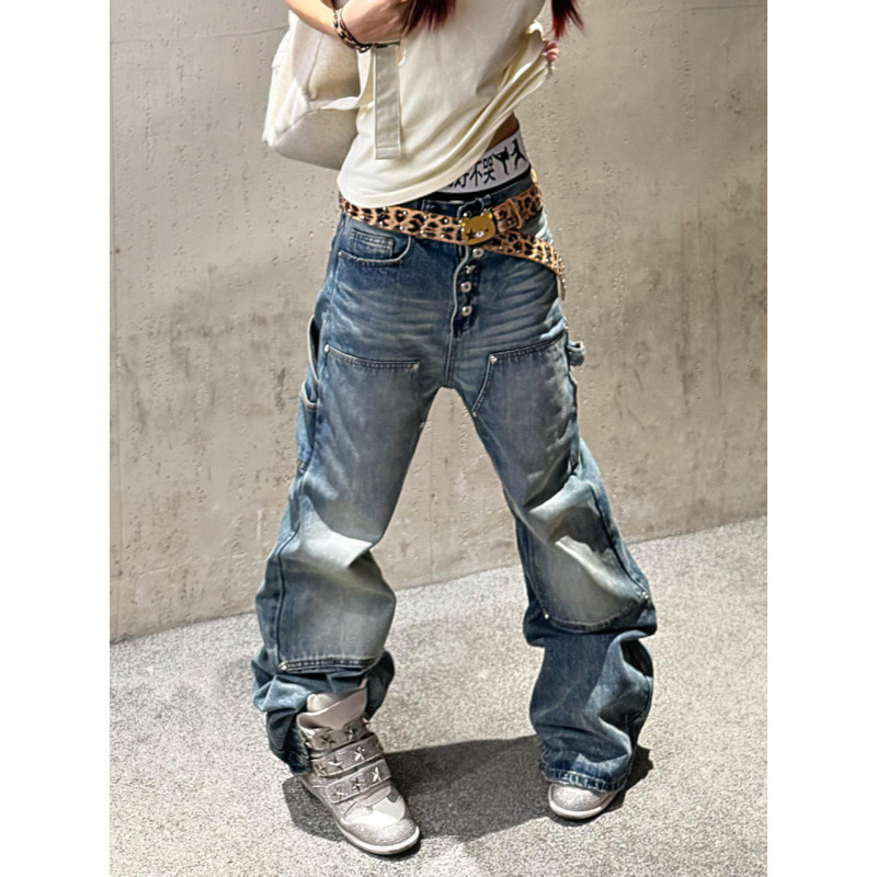 American-style streetwear washed double-knee lumberjack jeans, unisex, high-street design, straight-leg, versatile, buttoned long pants