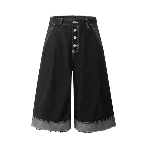 American Style Retro Black Multi-Pocket Open Line Rust Denim Cropped Pants for Men and Women High-end Sense Loose Casual Wide-leg Trendy