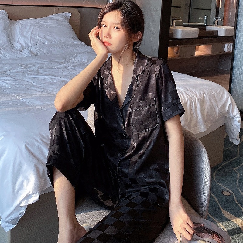 夏季新款睡衣女夏短袖长裤格子冰丝套装亚马逊家居服抖音一件代发/