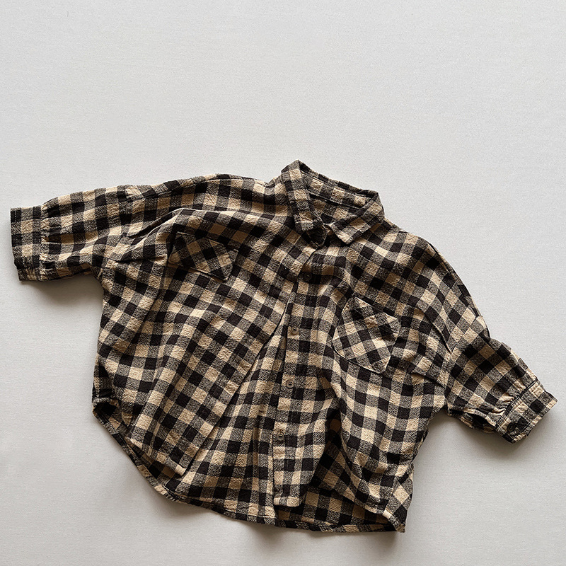 Camisa de algodón y lino a cuadros para niños otoño nuevos niños de estilo coreano personalidad suelta abrigo de longitud media ropa de hombre y mujer moda