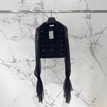 南油直供25夏季款粗花呢拼真丝雪纺短外套时尚三排扣翻领显瘦上衣