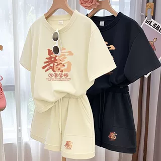 2025跨境新款索罗娜休闲运动套装女宽松大码短袖胖mm印花两件套