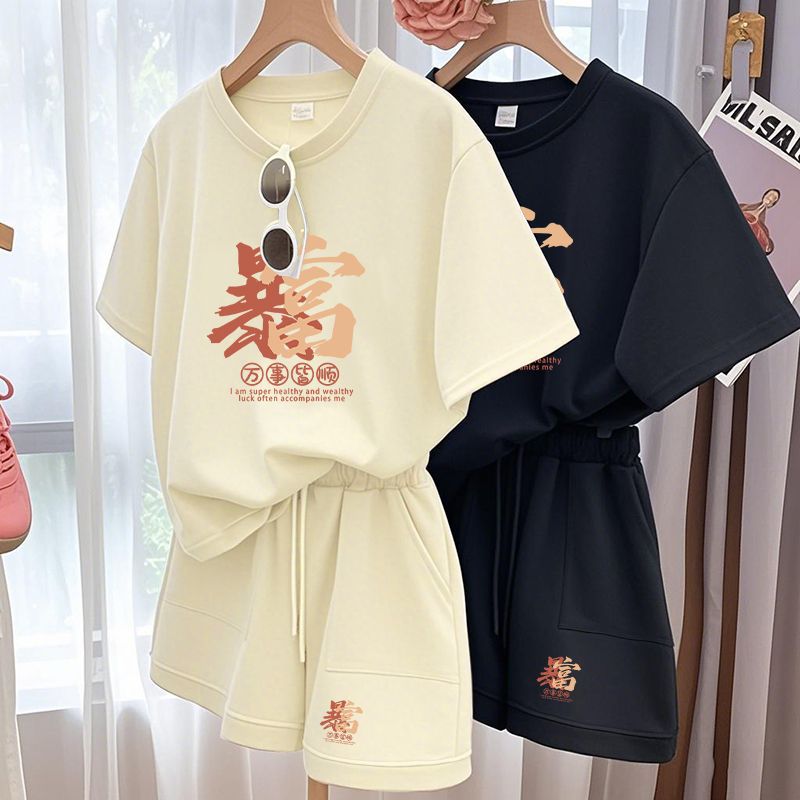 2025 Cross-Border New Solona Casual Sports Suit Women's Loose Large Size Short-Sleeved Fat mm Printed Two-Piece Set