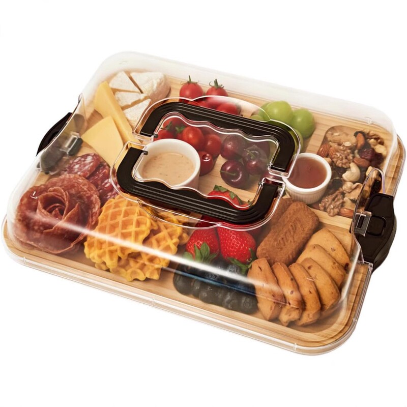 スポット竹と木製の調理済み食品スナックトレイ屋外ピクニックスナックボックス木製透明蓋便利な蓋付きチーズボード|undefined