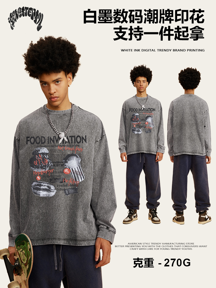 2025 otoño marca de moda americana algodón retrógrado lavado tinta impresión marca de moda suelta camiseta de manga larga hombre