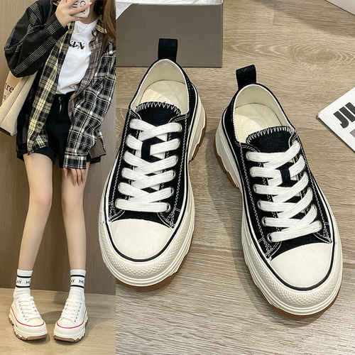 Spring new canvas shoes for women, Hong Kong style fashionable white shoes for students, thick-soled sneakers, casual and versatile ins shoes