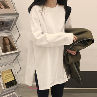 Pure cotton white long-sleeved T-shirt 2025 autumn sweatshirt underwear covering butt round neck loose mid-length base shirt for women