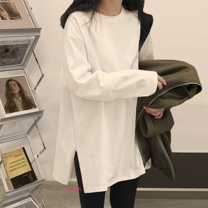 White Cotton Long-Sleeve T-Shirt for Women, Mid-Length, Round Neck, White Base Layer Top for Spring 2026