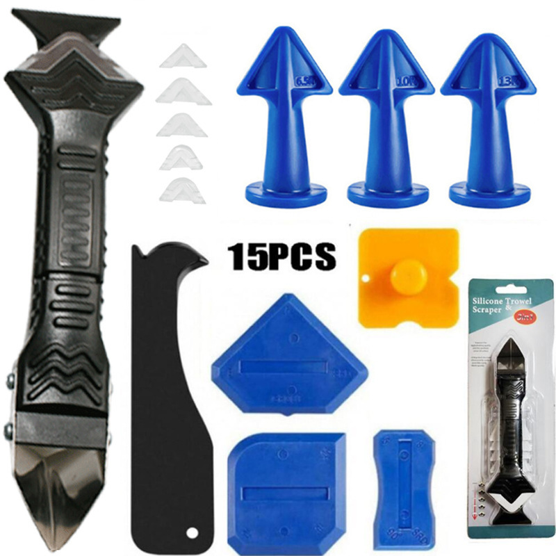 Juego de 15 piezas (blister de color transparente 3 en 1 raspador de metal + 6 cabezales blandos + 3 boquillas de pegamento azul + 1 raspador amarillo + 4 raspador Yin y Yang)