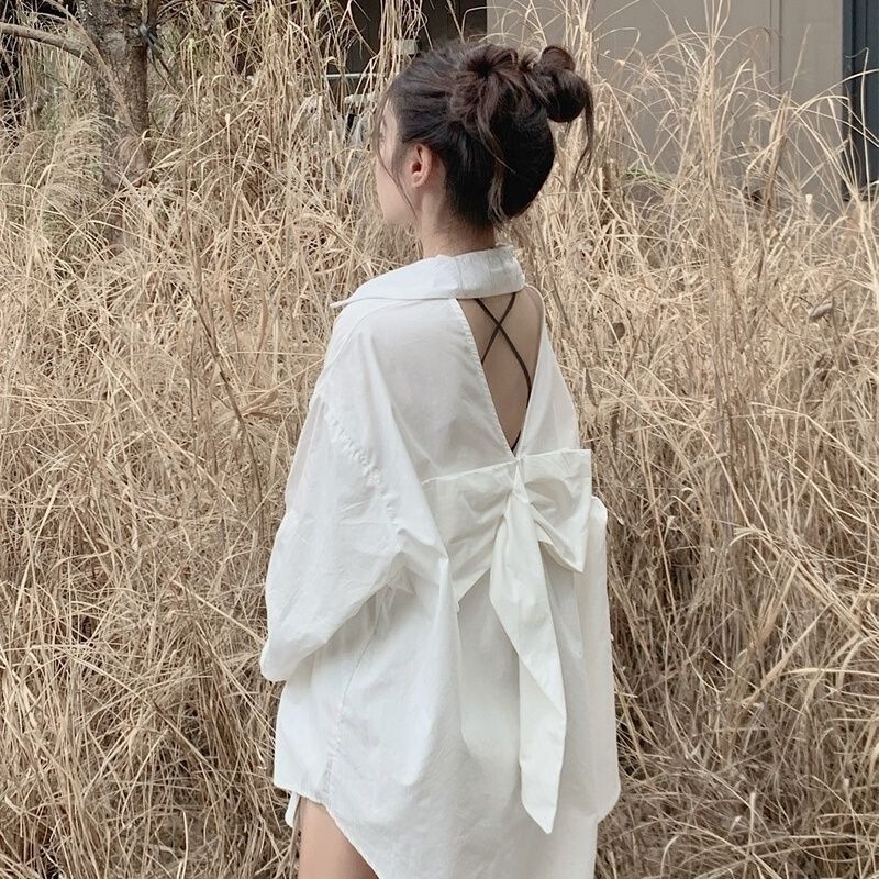 European Station 2025 Early Autumn New Entry Luxury Commuter Bow Backless Shirt All-match Loose Cardigan Women's Trendy