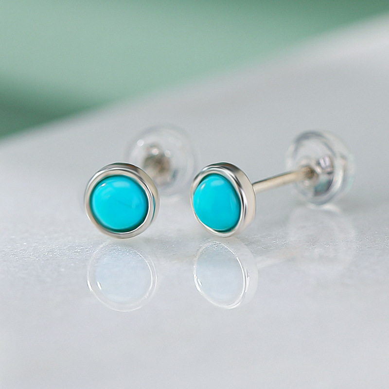 Bông tai bạc S925 hình tròn đính đá turquoise phong cách hình học nhỏ — một cặp