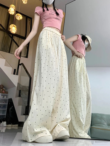 Korean-style beaded ice silk cool pants wide-leg pants for women spring summer thin model high-waisted drape straight-leg pants sunscreen casual pants