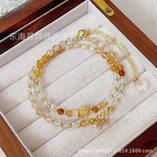 天然水晶珠宝 水晶兔毛花双圈 金虎眼手串手链可调节手饰