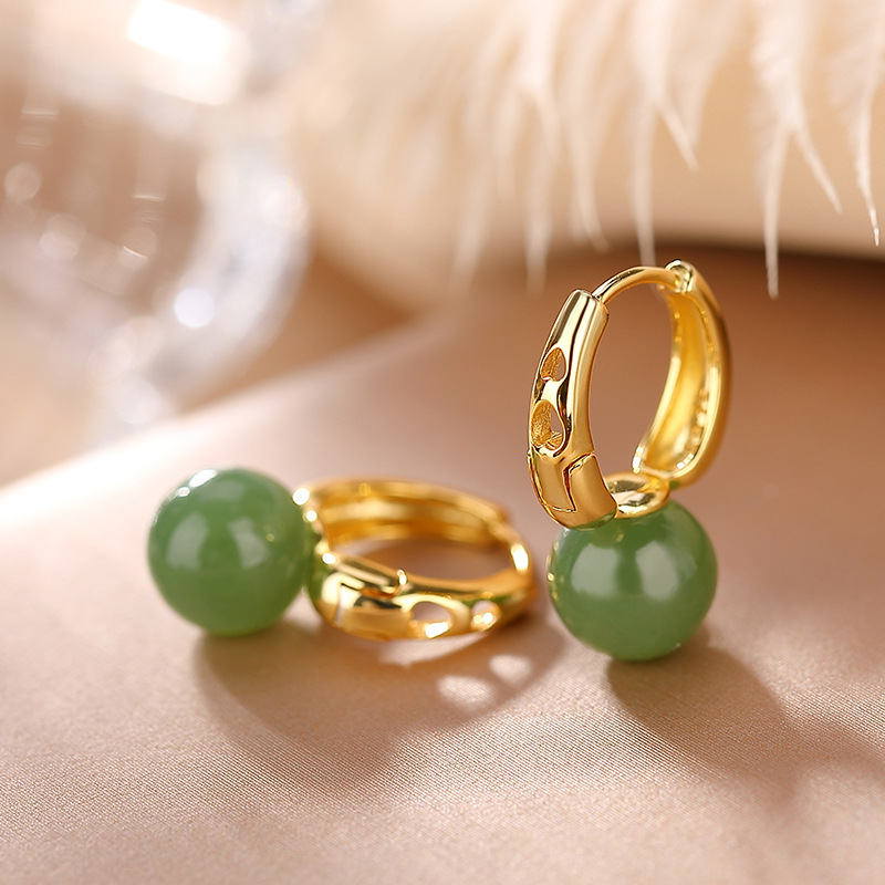Bông tai bạc S925 mạ vàng đính đá jasper trắng hình trái tim rỗng — Kiểu ngọc trắng