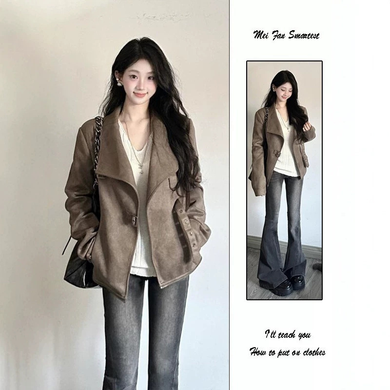 American retro suede biker jacket for women, new autumn collection, niche design, large lapel, stylish and waist-cinching coat American retro suede biker jacket for women, new autumn collection, niche design, large lapel, stylish and waist-cinching coat