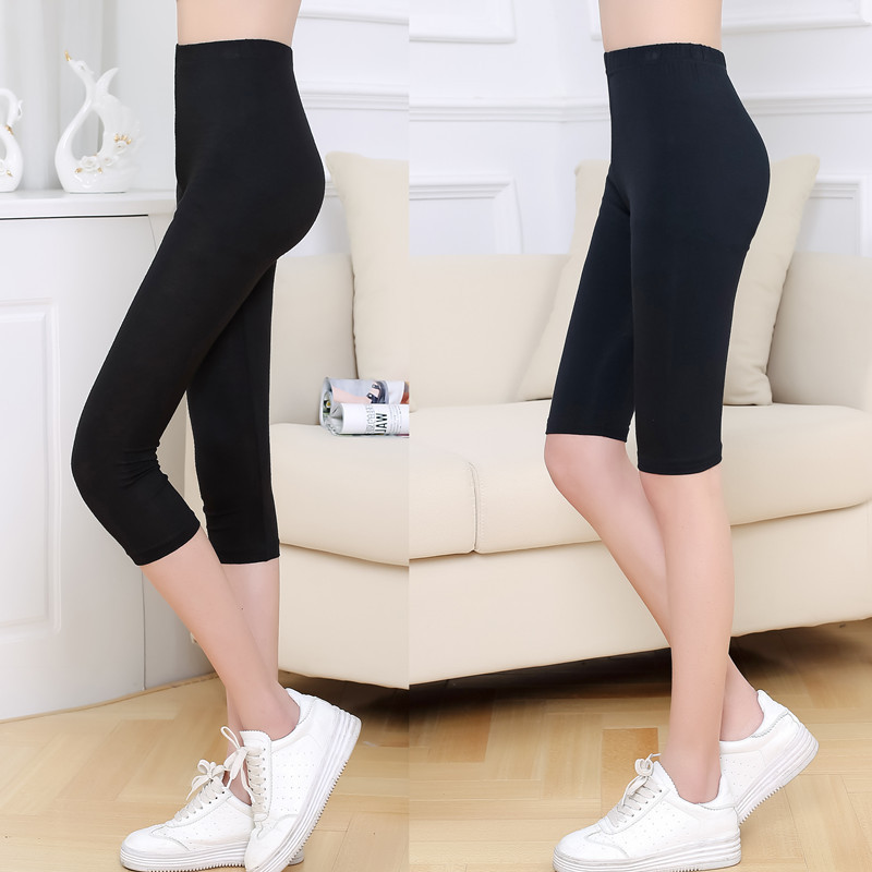 Women's Summer Cropped Leggings, Cotton Nine-Point Elastic High-Waisted Plus-Size Shorts, Modal Five-Point Anti-Exposure Thin Style