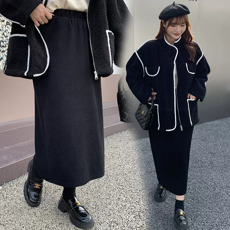 大码半身裙秋冬加绒直筒高腰遮肚百搭裙200斤胖mm后开叉裙子3201