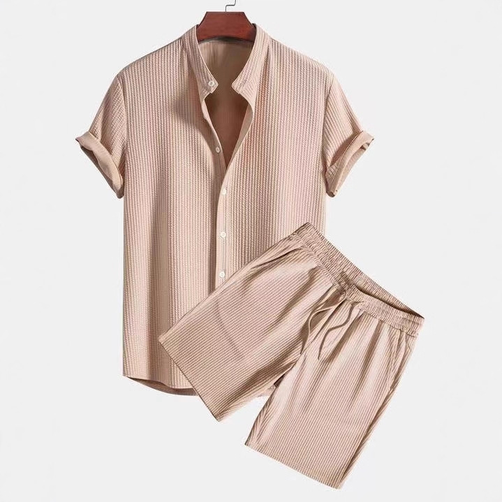 Men's Summer Shirt Set Short Sleeved Solid Color Corduroy Style For Men_viptrois.com