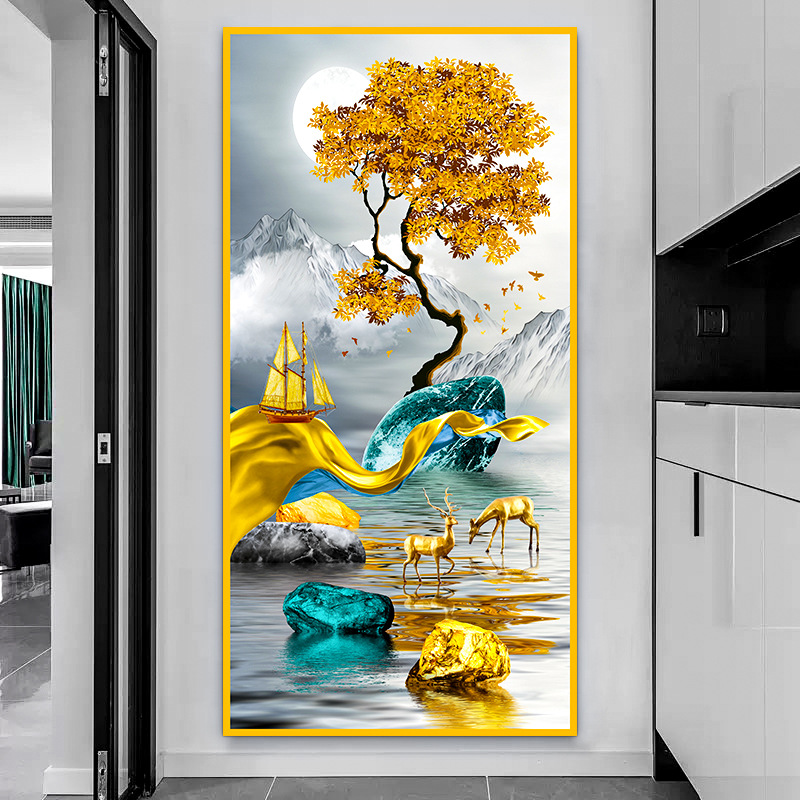 Pintura de entrada de pintura tradicional china Pintura de decoración del pasillo frente a la puerta Pasillo de nueve peces Pintura colgante de fondo de lujo ligero Pintura mural