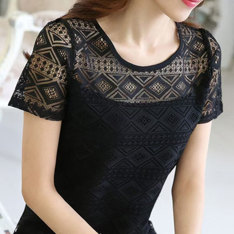 Cross-border wholesale 2024 new chubby girl hollow lace shirt summer slim round neck short sleeve bottoming T-shirt top women Cross-border wholesale 2024 new chubby girl hollow lace shirt summer slim round neck short sleeve bottoming T-shirt top women