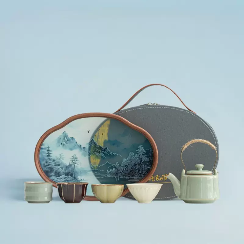 故宫文创五大名窑汝窑旅行茶具套装一壶四杯户外高档便携式泡茶杯