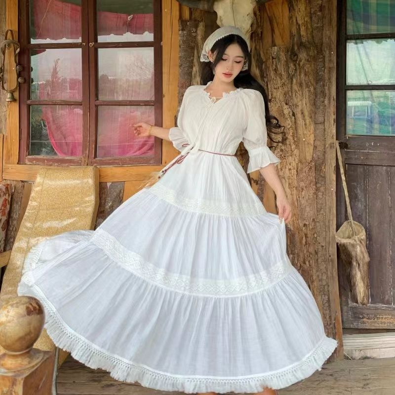 Bohemian Vacation Style Dress 2026 New Model Ins Travel Photography Dress Sweet Puff Sleeve Spliced Tassel Dress