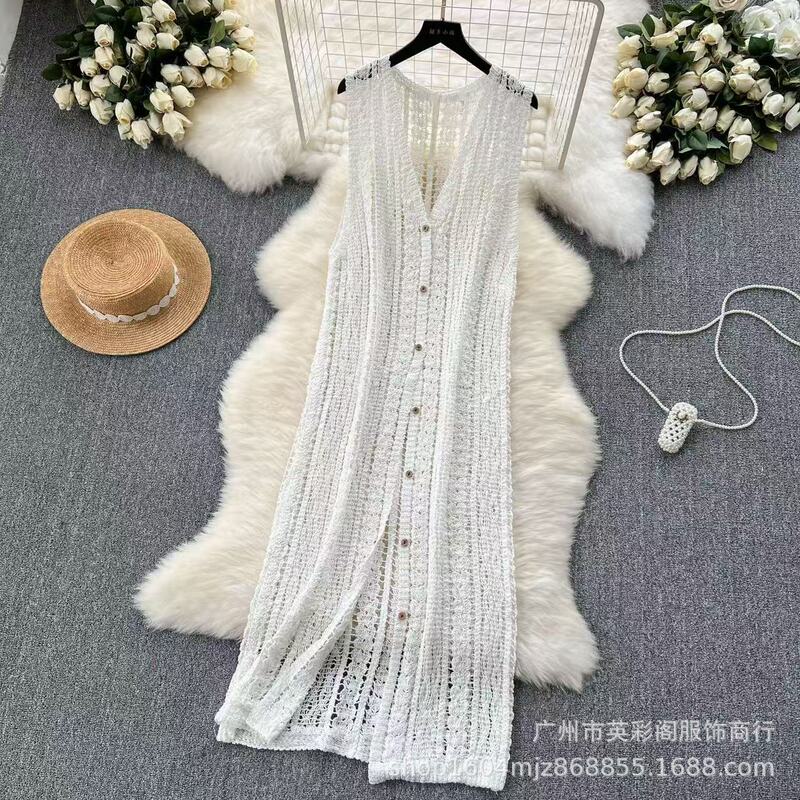 Korean-style Knitted Cardigan Jacket Women's Design Sense Crochet Hollow Retro Fashionable All-match Long Vest Top Korean-style Knitted Cardigan Jacket Women's Design Sense Crochet Hollow Retro Fashionable All-match Long Vest Top