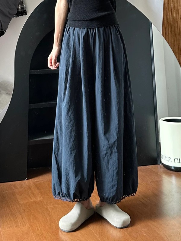 日系灯笼阔腿裤女夏薄款藏青色裤子大码胖mm显瘦小个子花苞九分裤|undefined