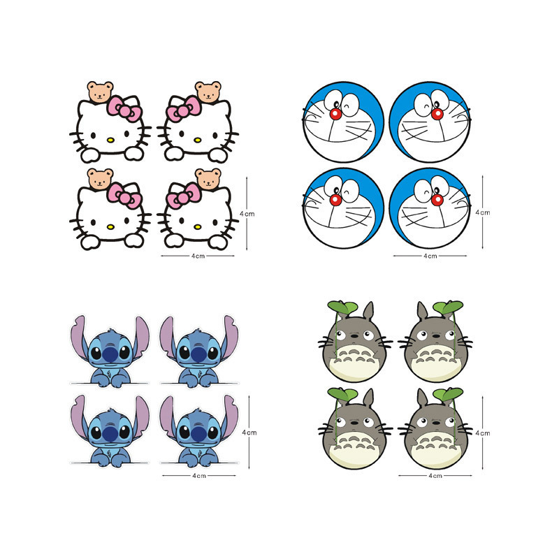 Cartoon Kt Cat, Doraemon, Stitch, and Totoro Combination Car Stickers for Interior Rearview Mirror Decoration, Set of 4