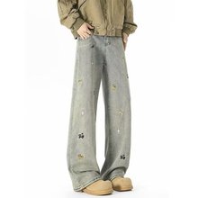 港风潮男夏季新款2025个性字母牛仔裤嘻哈ins潮高街潮流痞帅长裤