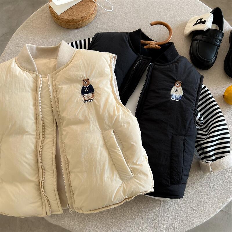 Ropa de algodón para niños, nueva colección de invierno 2025 para niños y niñas, chaleco de algodón con oso bordado, chaqueta estilo japonés para bebés, a la moda