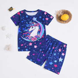 女童月亮独角兽印花图案短袖短裤家居服睡衣套装